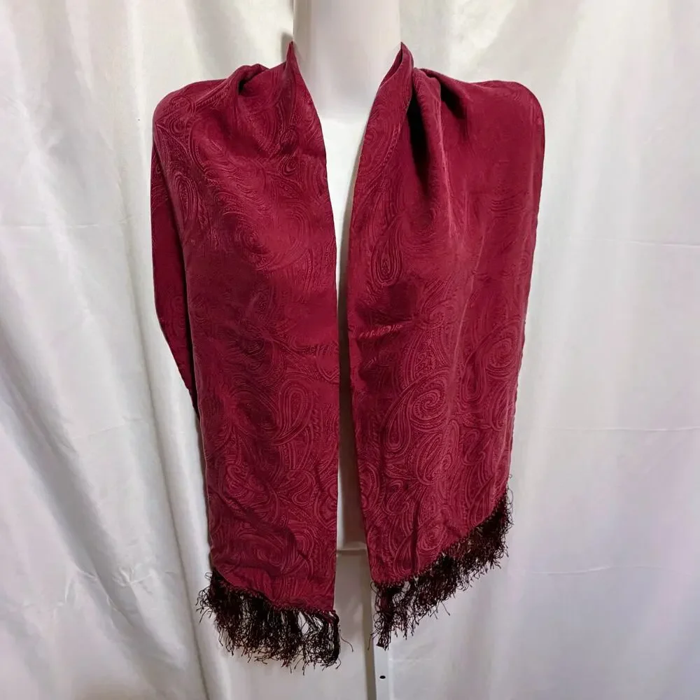 BASHA‎ 100% Silk Paisley Jacquard Burgundy Fringe Scarf Shawl Wrap 10x64 Luxury